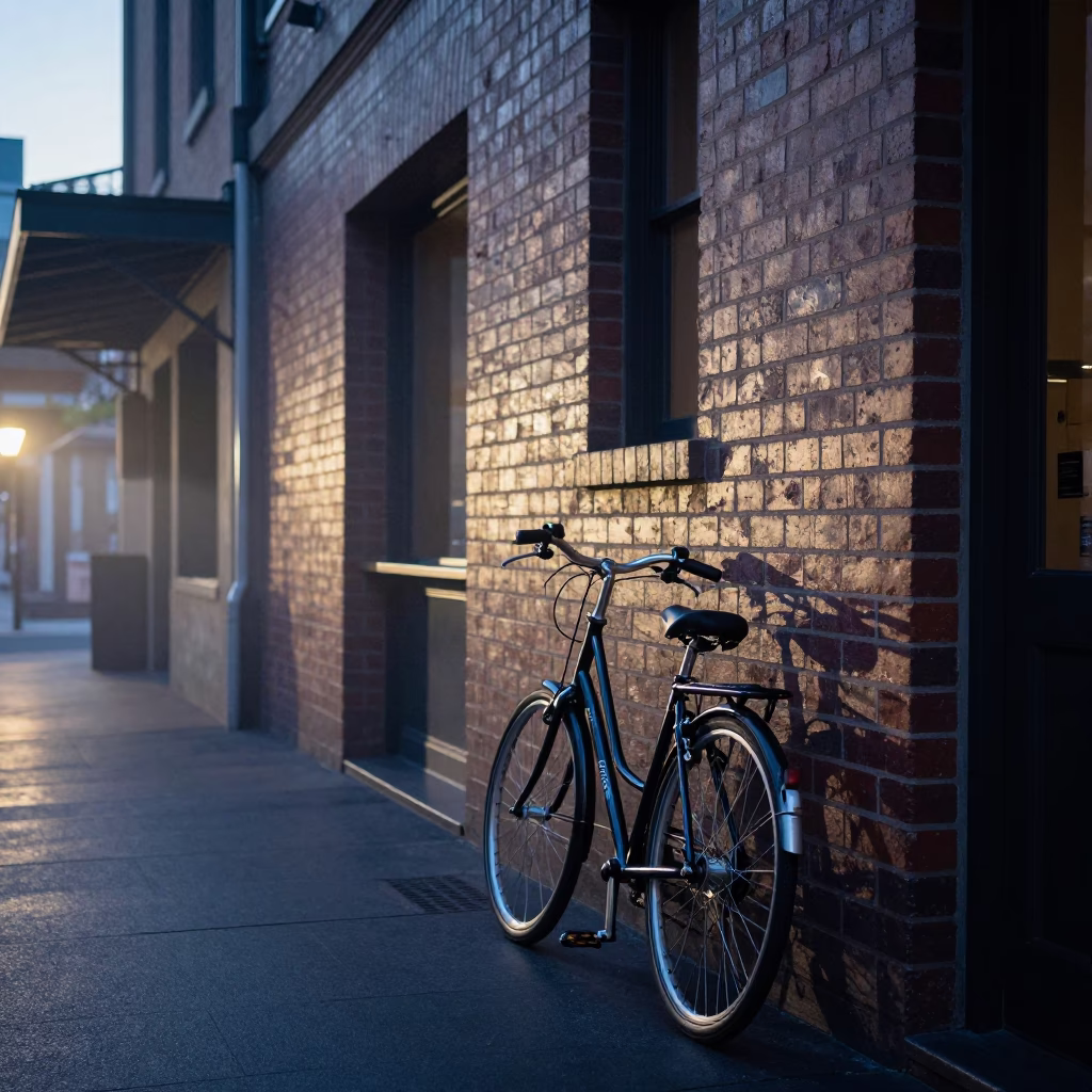 Melbourne Laneway at Dawn Bicycle Leaning Against Cafe Wall in in Melbourne, Victoria, Australia