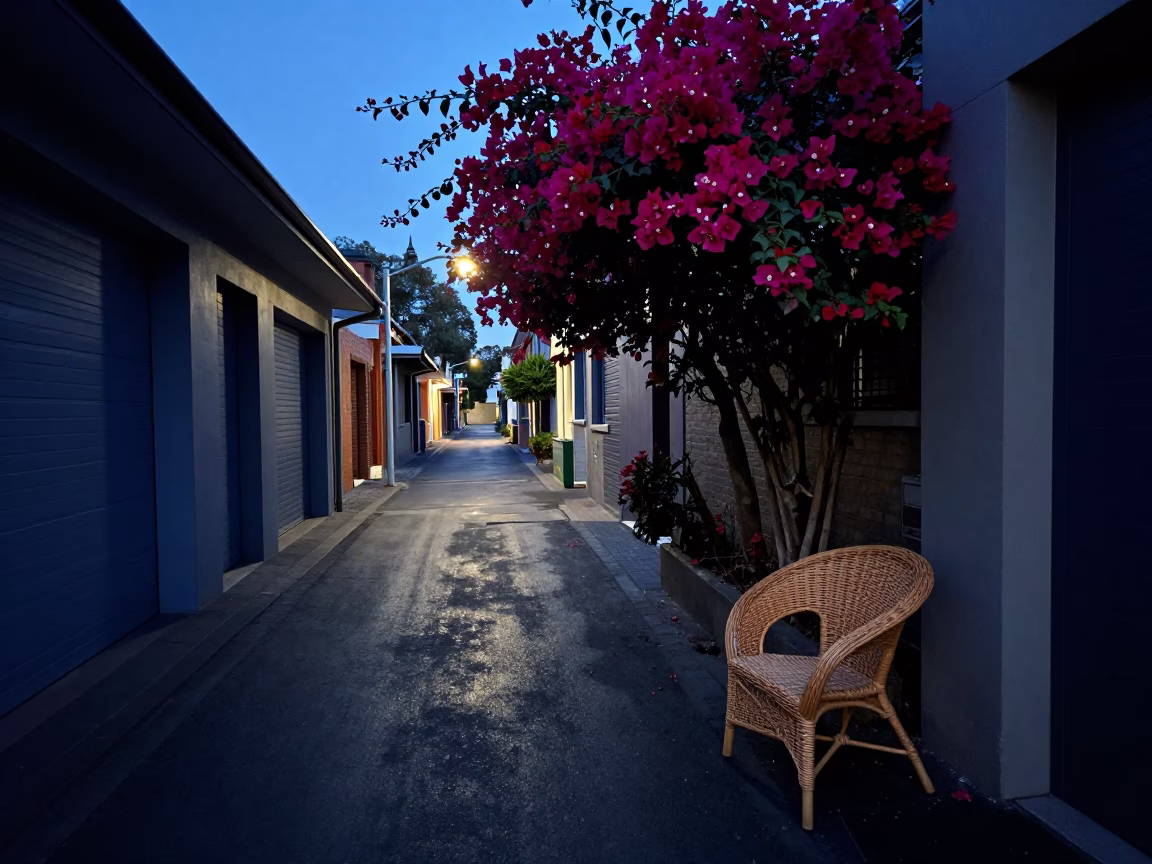 Melbourne laneway at dawn with bougainvillea and wicker chair shadow in in Melbourne, Victoria, Australia
