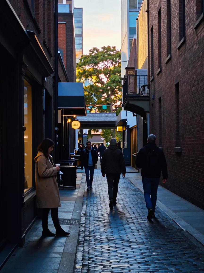 Melbourne laneway at dawn with commuters and morning coffee routine in in Melbourne, Victoria, Australia