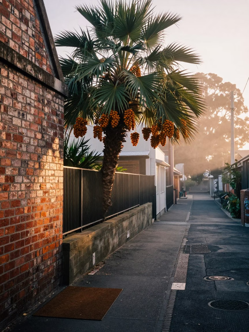 Melbourne laneway at dawn with date palm and doormat in in Melbourne, Victoria, Australia