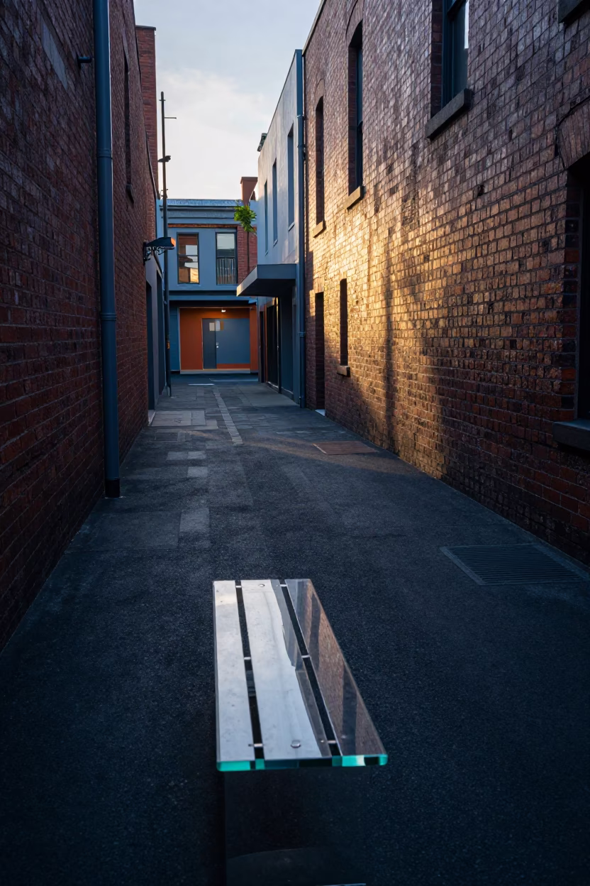 Melbourne Laneway at Dawn with Glass Bench and Morning Light in in Melbourne, Victoria, Australia