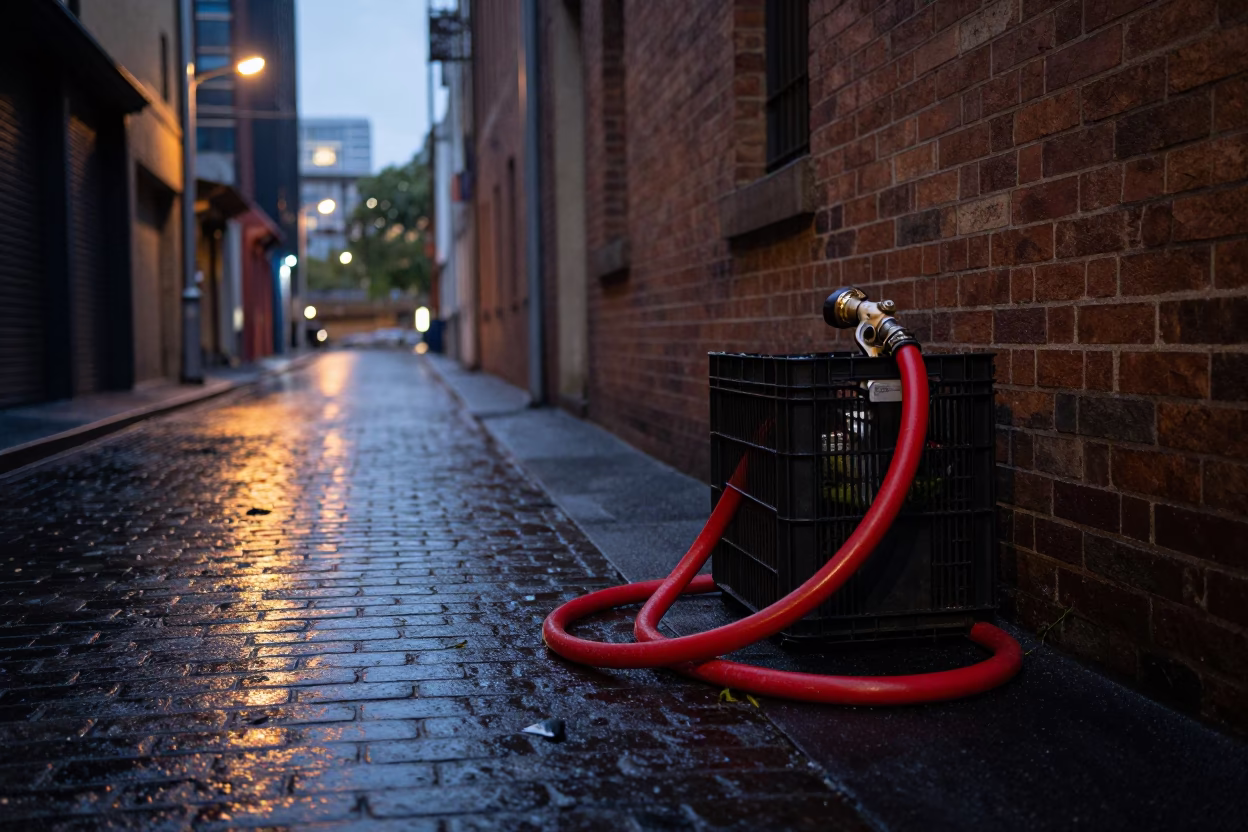 Melbourne laneway at dawn with hose nozzle and urban grit in in Melbourne, Victoria, Australia