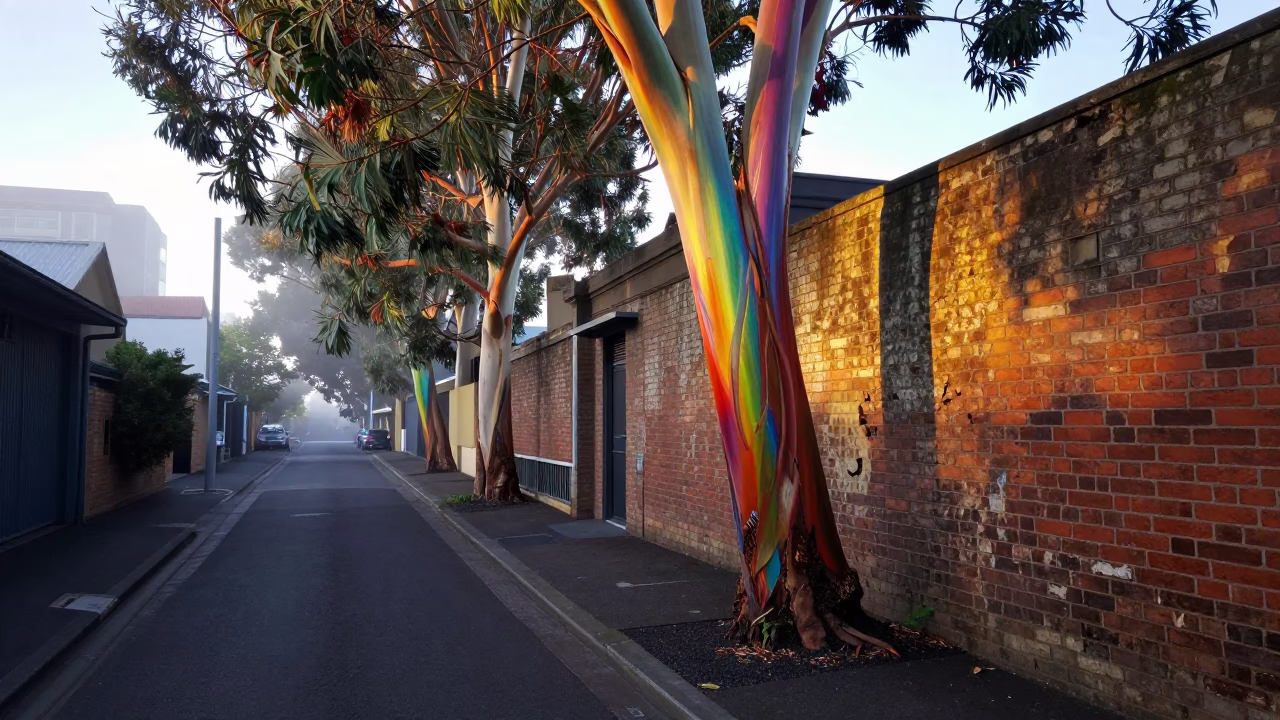 Melbourne laneway at dawn with rainbow eucalyptus and street scene in in Melbourne, Victoria, Australia