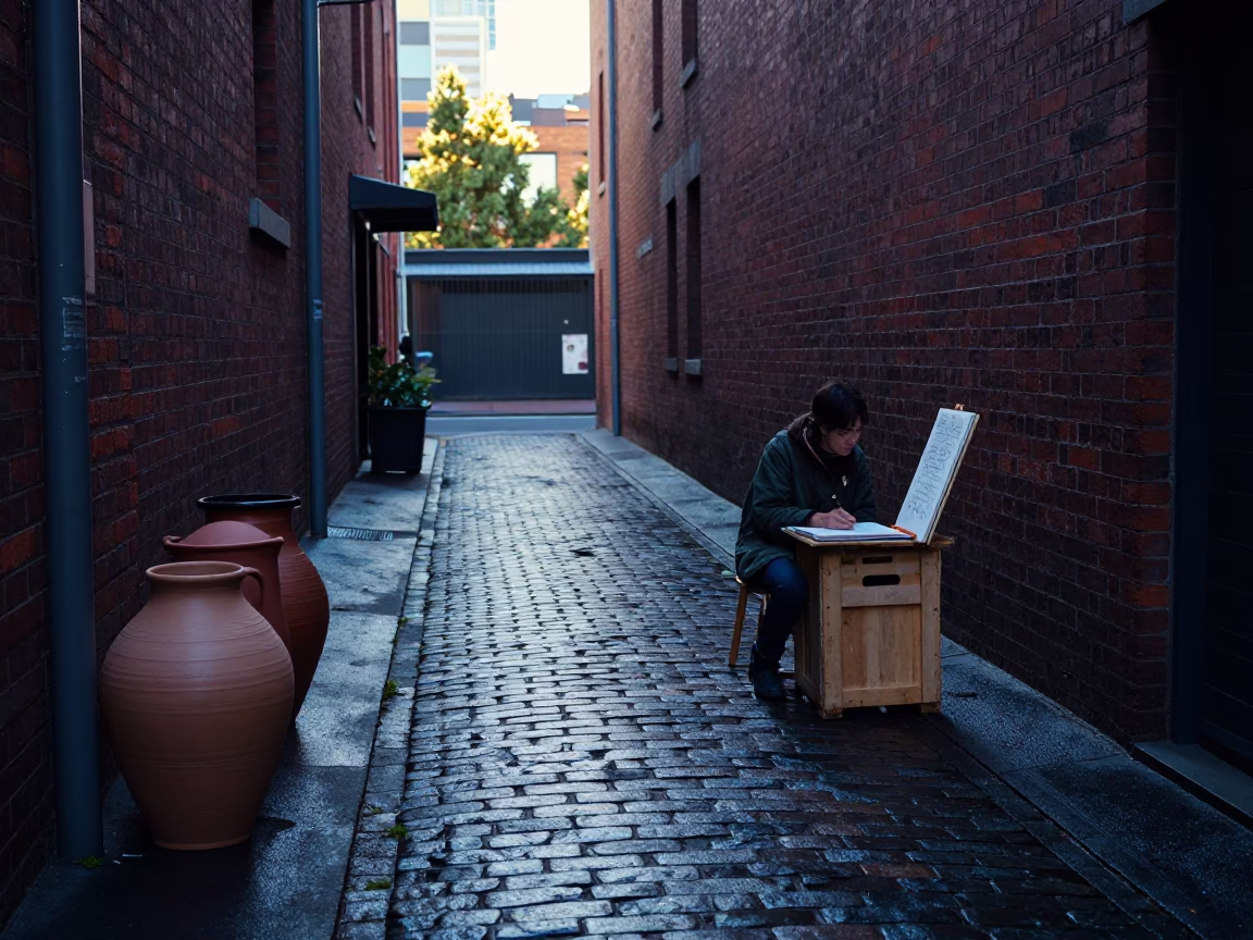 Melbourne laneway at dawn with stoneware crocks and sketchbook in in Melbourne, Victoria, Australia