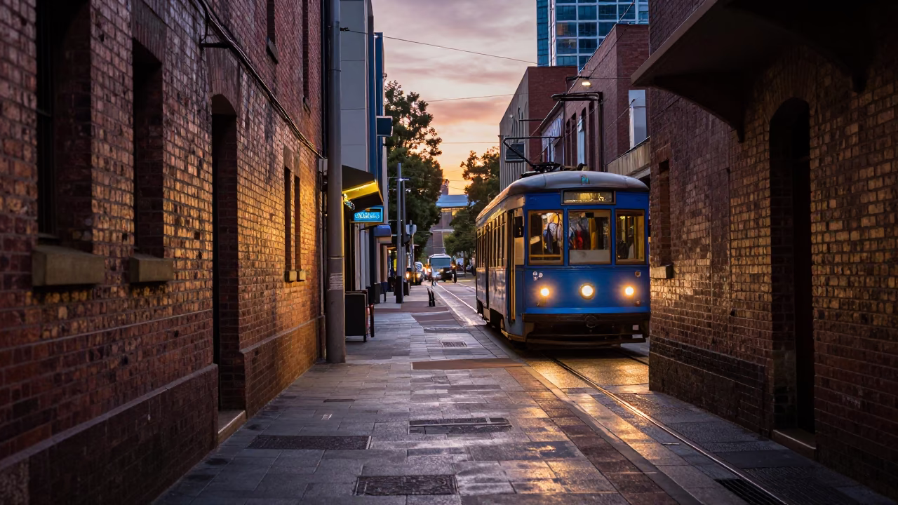Melbourne Laneway at Dusk with Tram Tracks and Wet Pavement Reflections in in Melbourne, Victoria, Australia