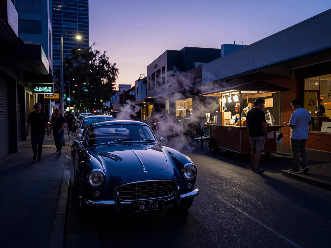 Melbourne Laneway at Indigo Twilight with Vintage Cars and Urban Street Life in in Melbourne, Victoria, Australia