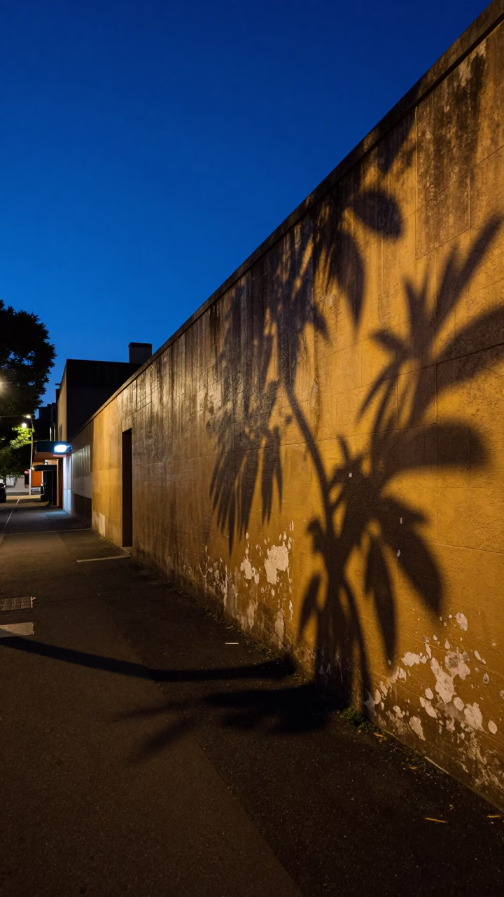 Melbourne laneway at night with leaf shadows and blue hour sky in in Melbourne, Victoria, Australia