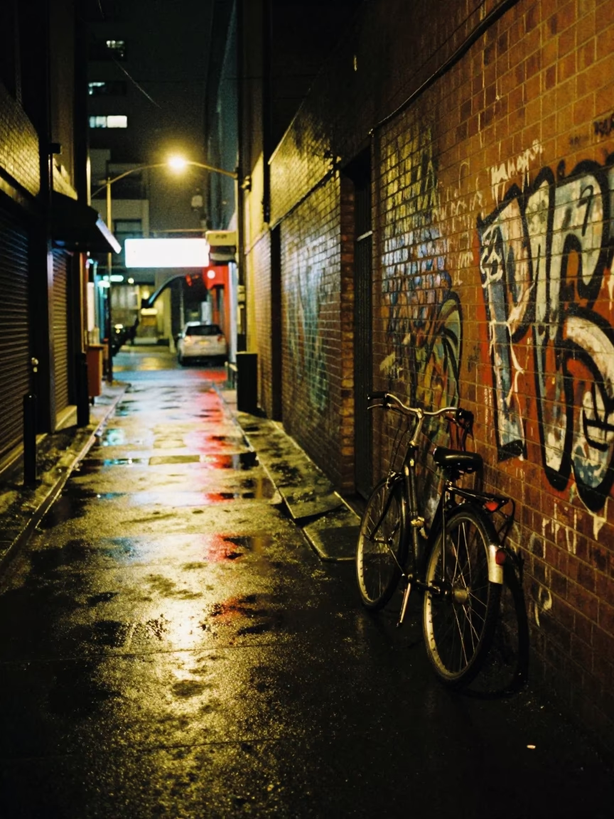 Melbourne laneway at night with neon reflections and urban street photography in in Melbourne, Victoria, Australia