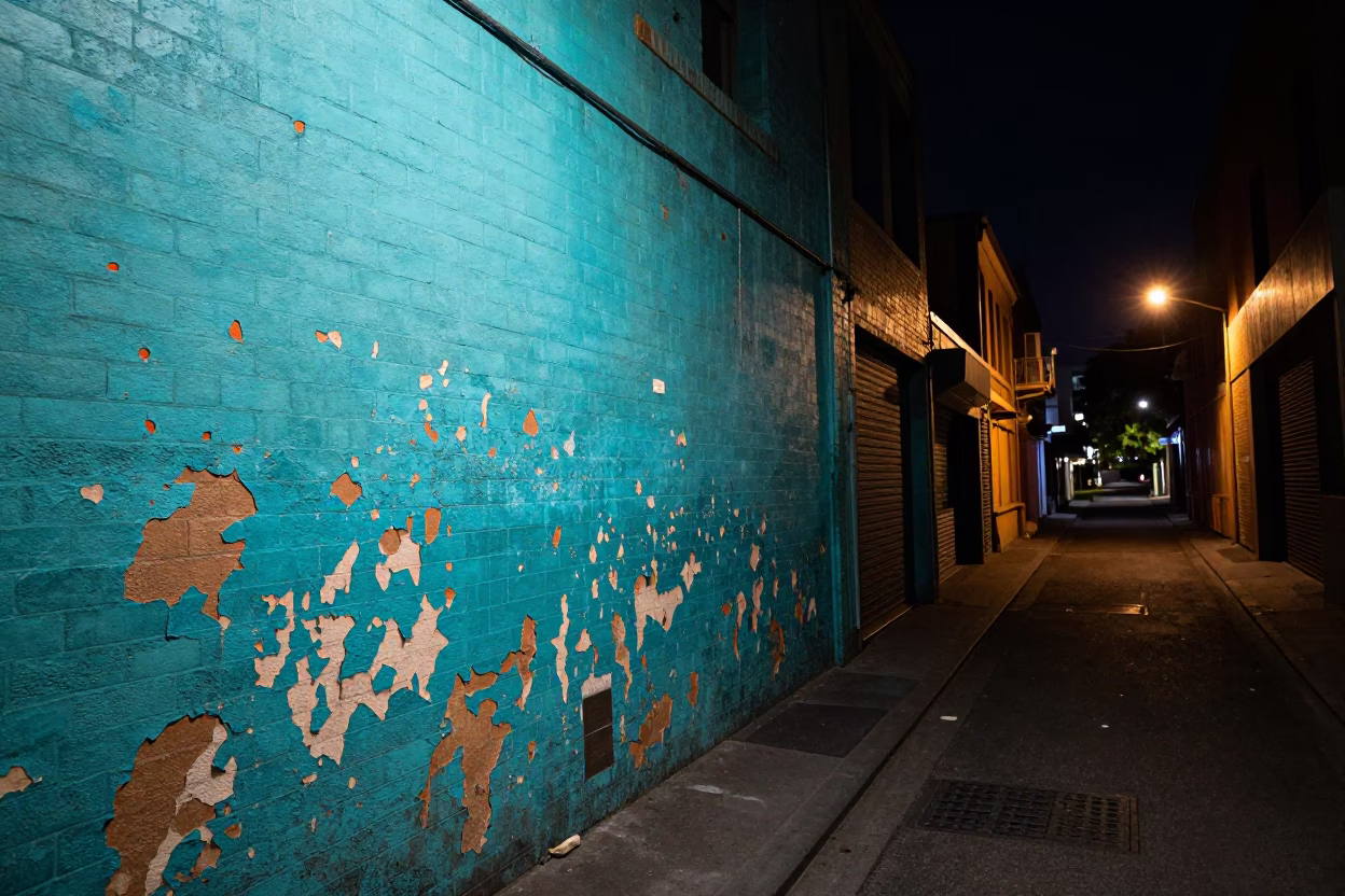 Melbourne laneway at night with peeling turquoise paint and street art in in Melbourne, Victoria, Australia