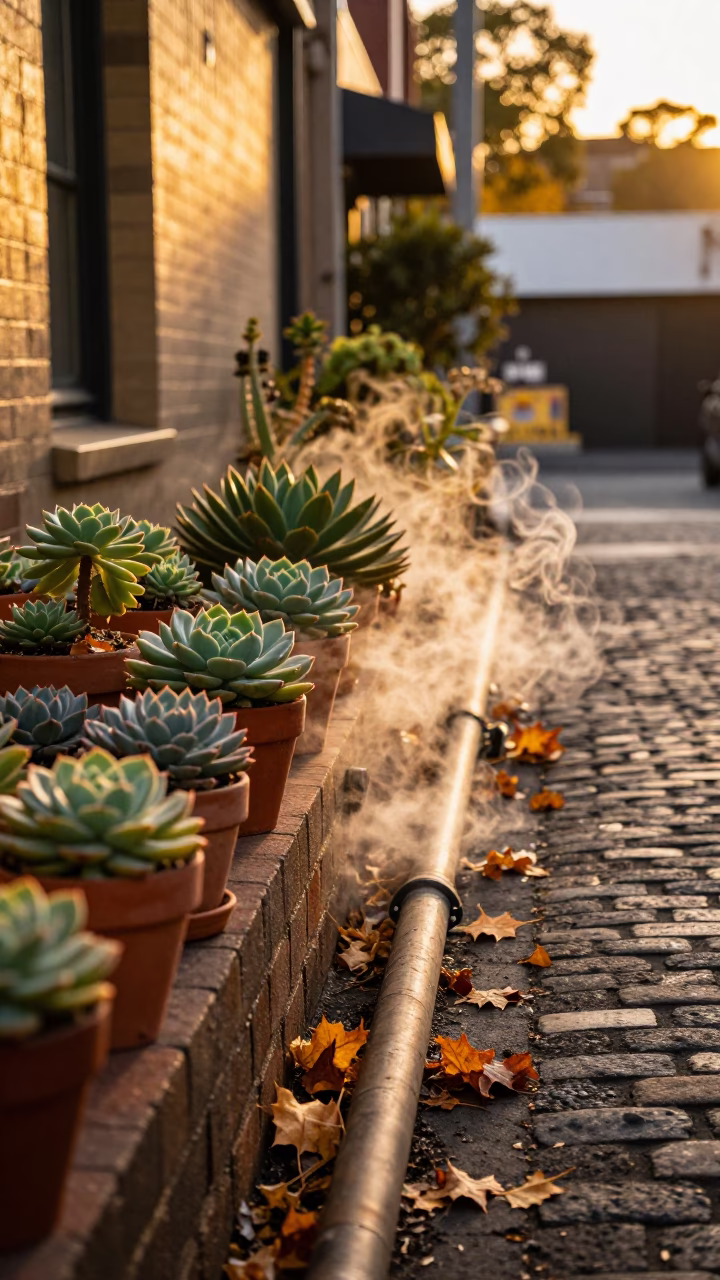 Melbourne laneway autumn evening with succulents and district heating steam in in Melbourne, Victoria, Australia