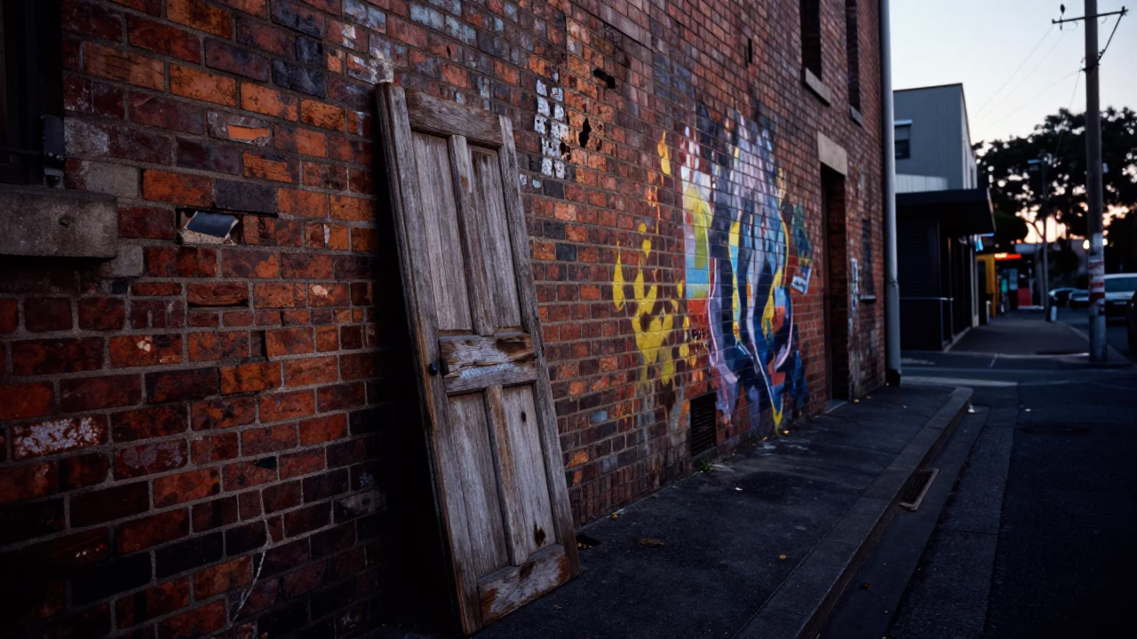 Melbourne laneway before dawn with tea stains and painted cabinet details in in Melbourne, Victoria, Australia