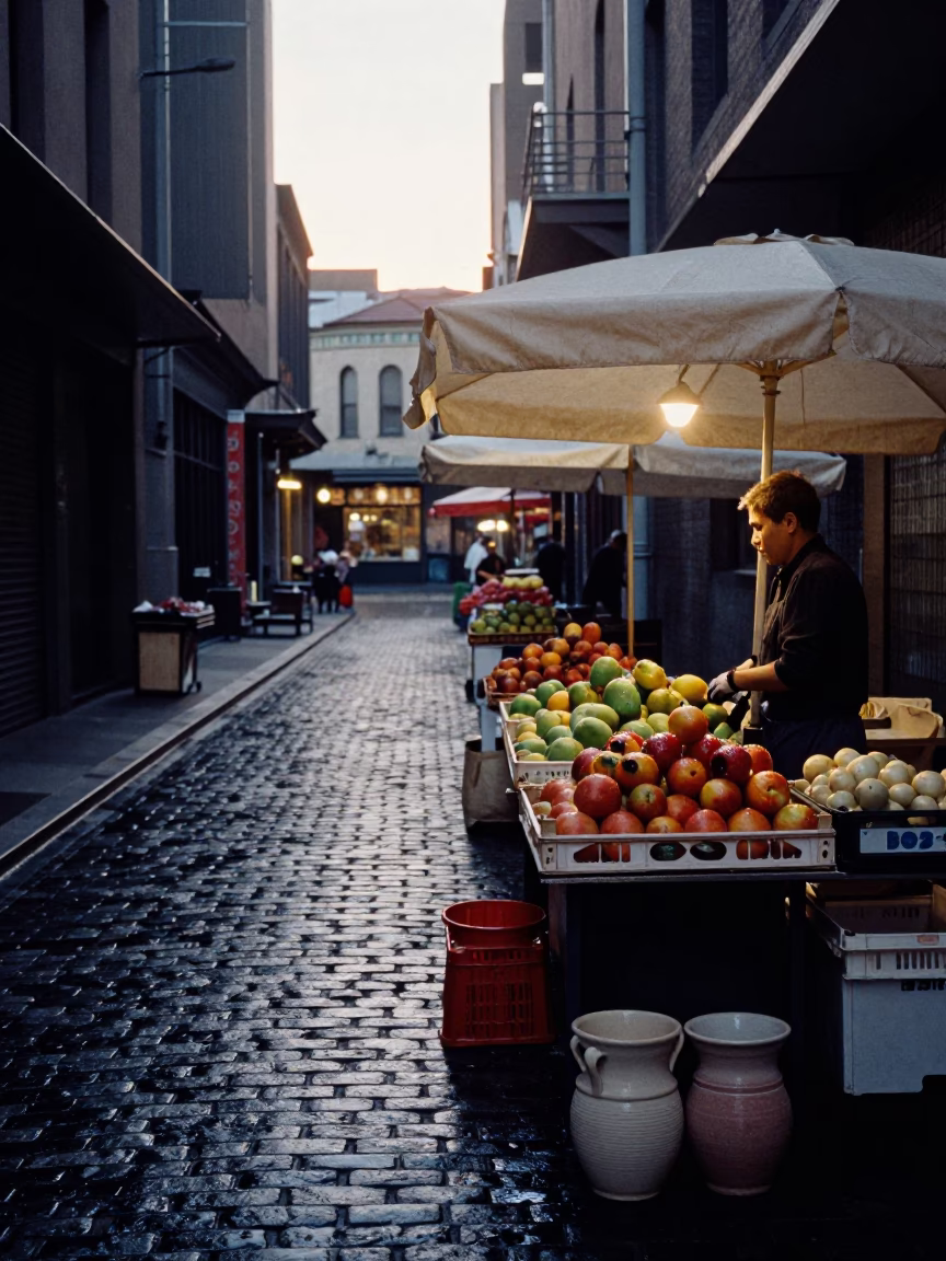 Melbourne Laneway Before Dawn with Wet Fruit and Ceramic Tiles in in Melbourne, Victoria, Australia