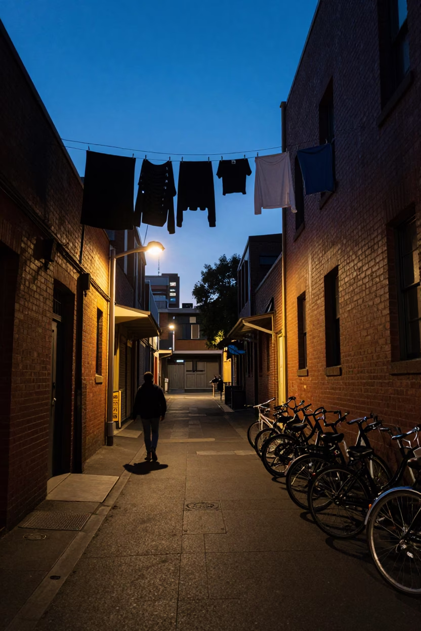 Melbourne Laneway Blue Hour Street Scene with Urban Details in in Melbourne, Victoria, Australia