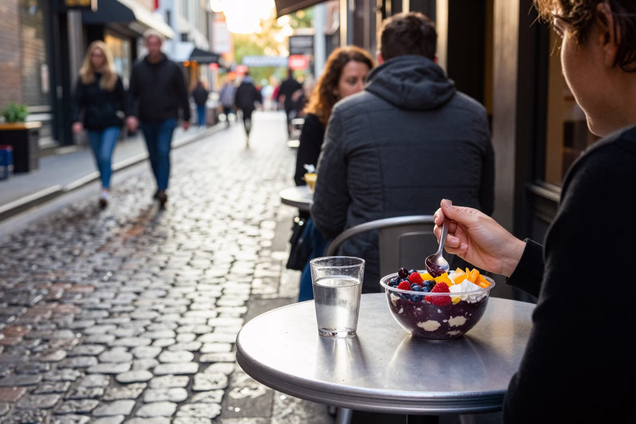 Melbourne laneway cafe breakfast with acai bowl and glass jar at dawn in in Melbourne, Victoria, Australia