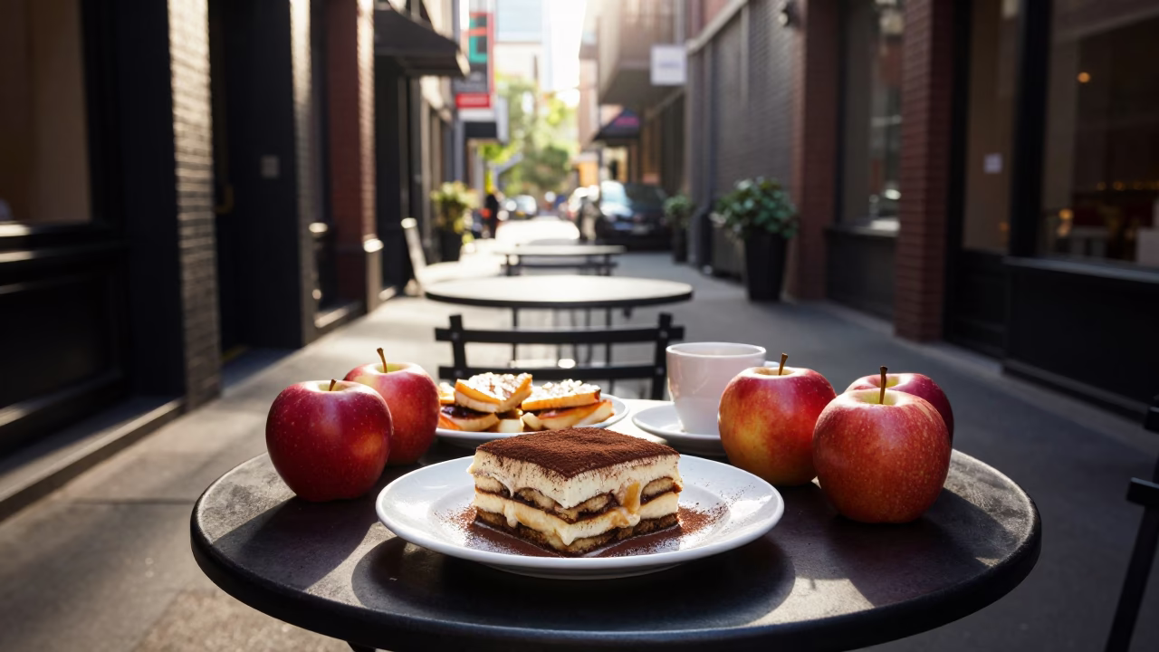 Melbourne laneway cafe breakfast with apples and tiramisu after sunrise in Victoria in in Melbourne, Victoria, Australia