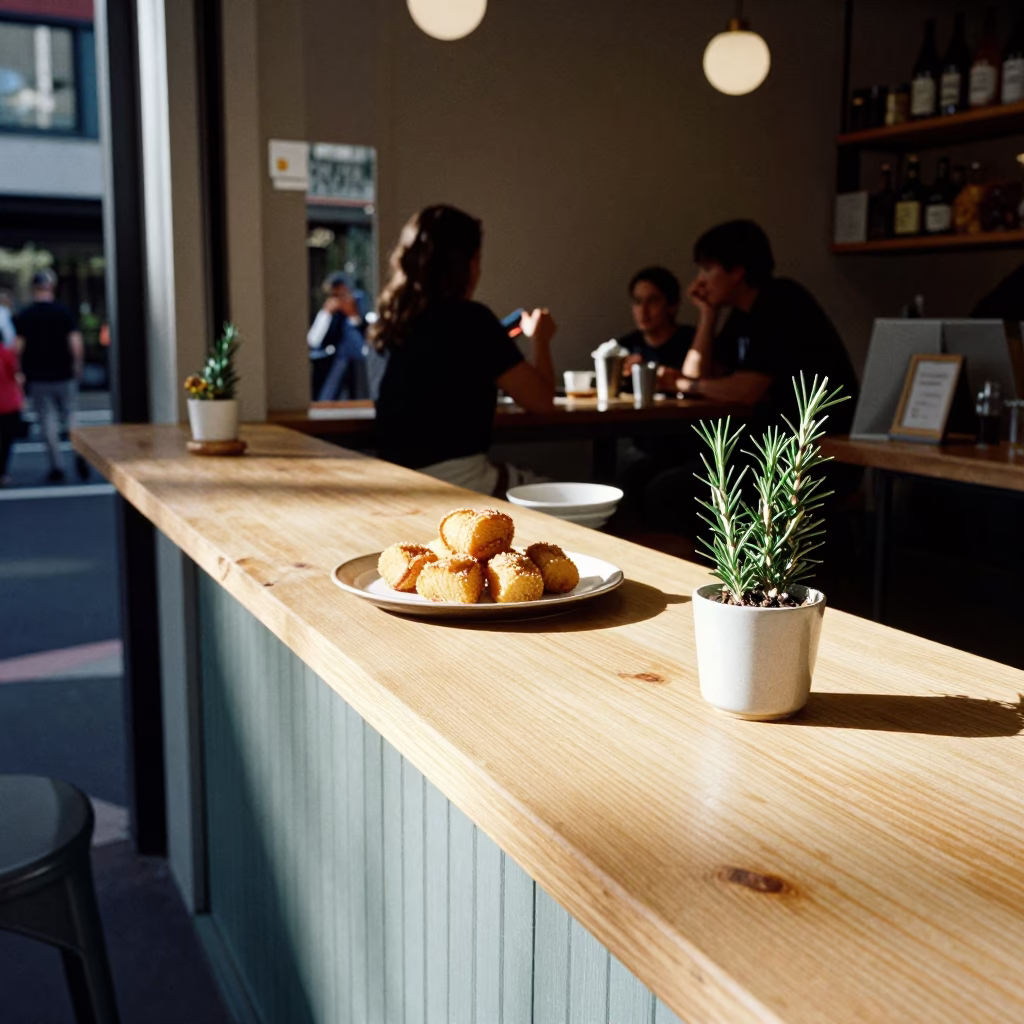 Melbourne Laneway Cafe Counter with Palmiers and Rosemary in Late Morning Light in in Melbourne, Victoria, Australia