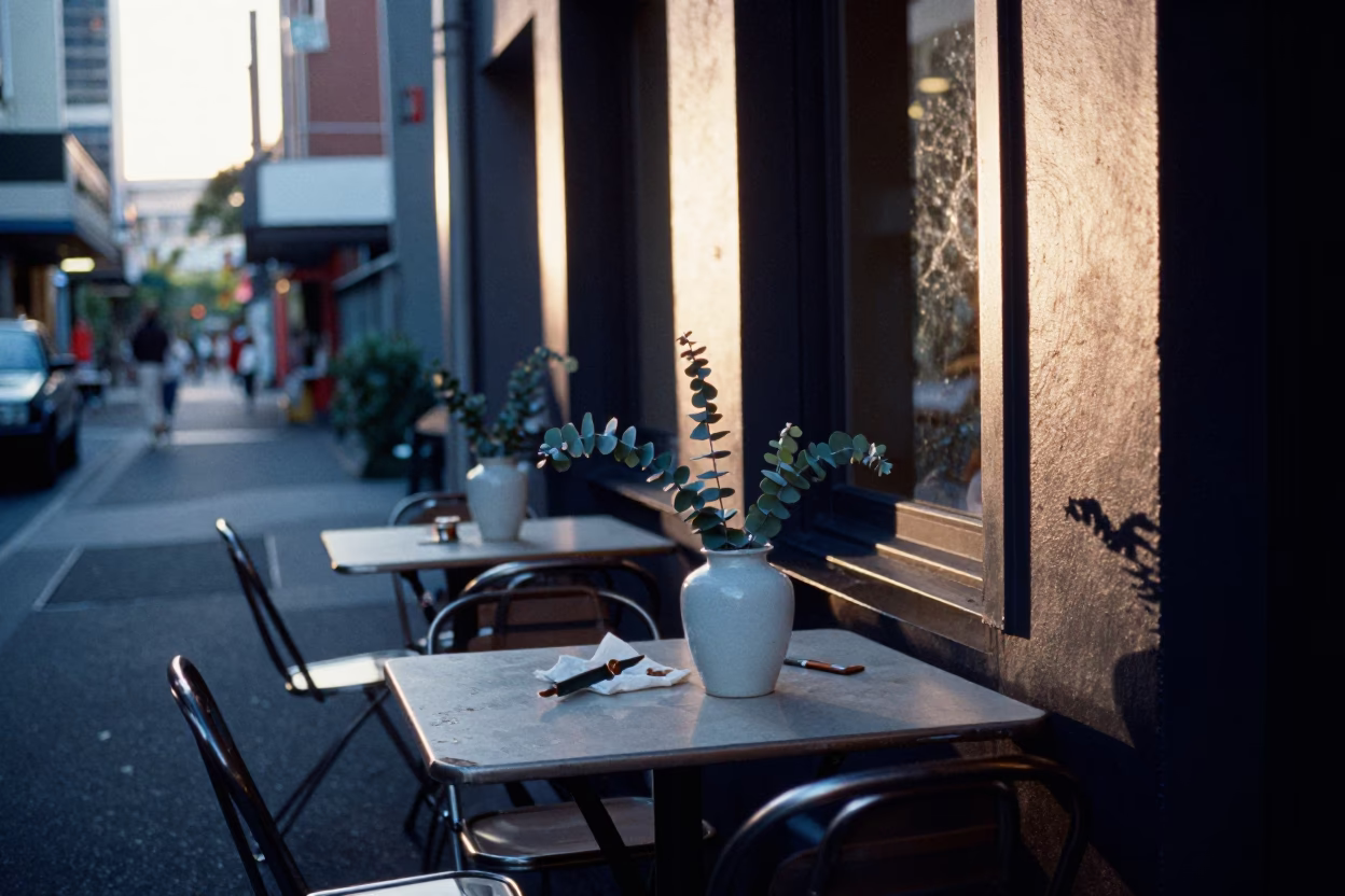 Melbourne laneway cafe display before sunrise in in Melbourne, Victoria, Australia