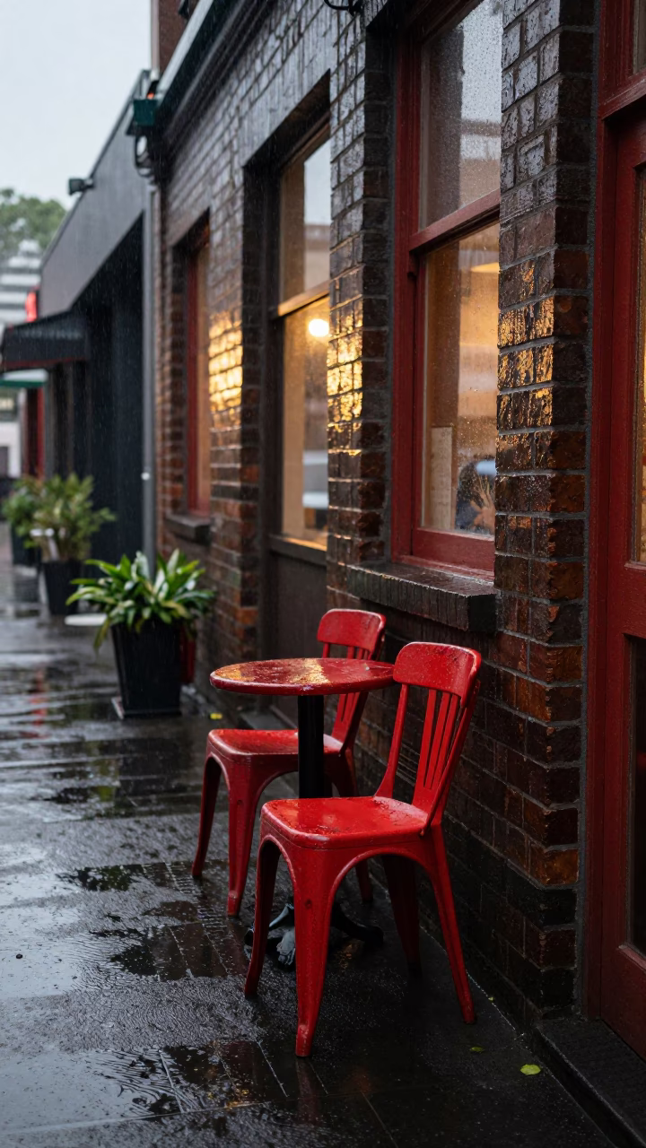 Melbourne laneway cafe exterior in morning rain with red chair in in Melbourne, Victoria, Australia