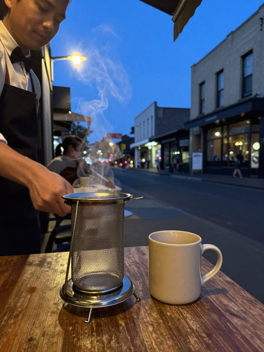 Melbourne laneway cafe indigo twilight tea strainer and steam in in Melbourne, Victoria, Australia