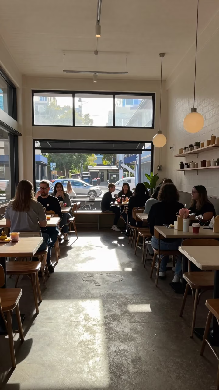 Melbourne laneway cafe interior with sunlight and breakfast items in in Melbourne, Victoria, Australia