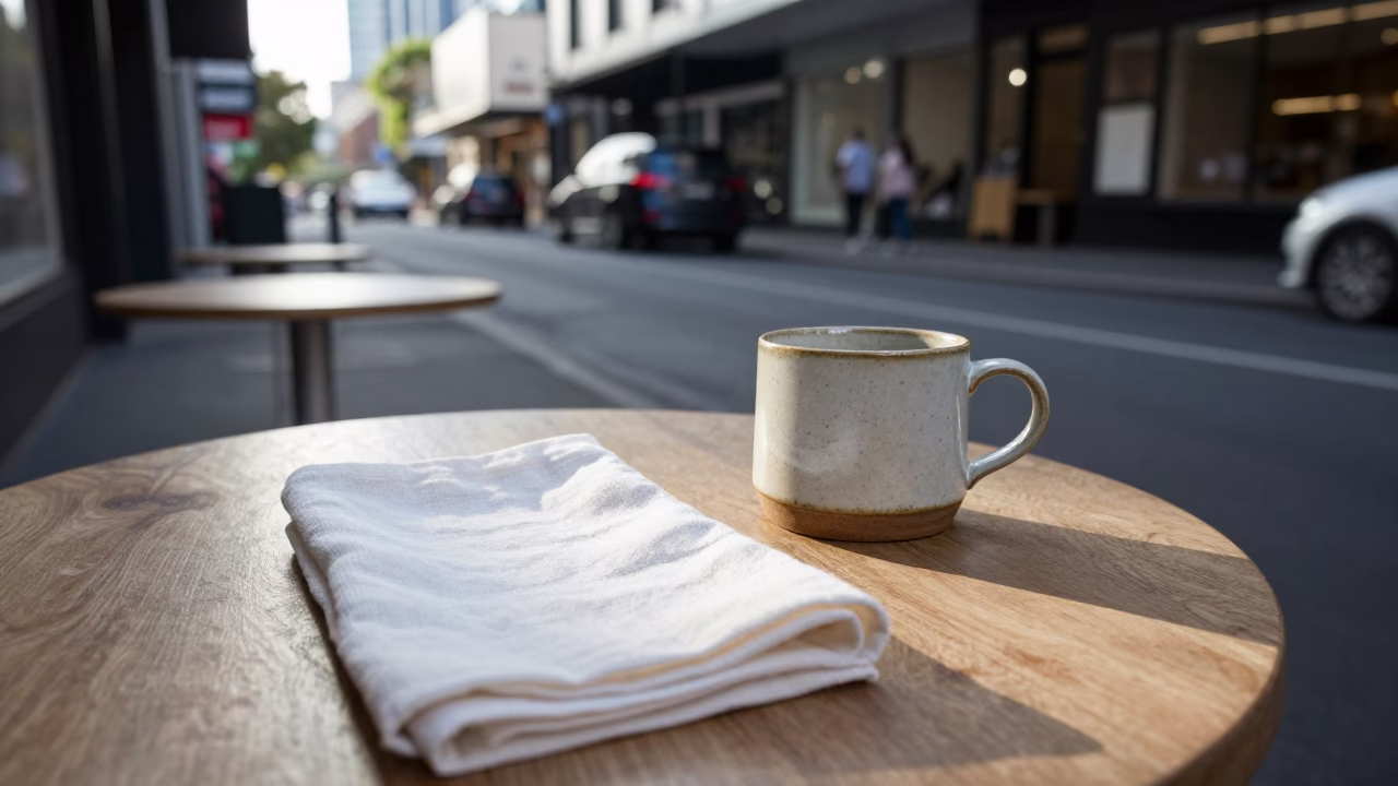 Melbourne laneway cafe morning light linen napkins and ceramic cups in in Melbourne, Victoria, Australia