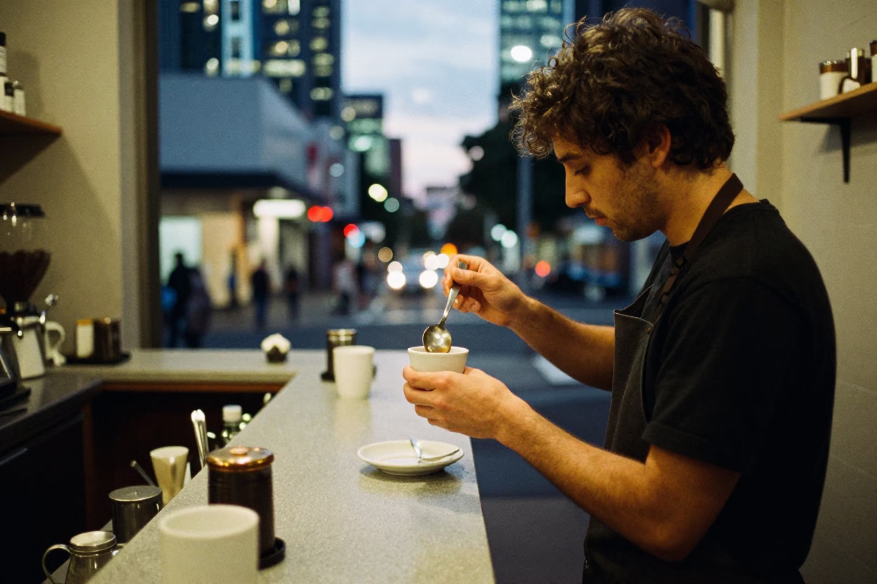 Melbourne Laneway Cafe Night Coffee Cupper Spoon City Lights in in Melbourne, Victoria, Australia