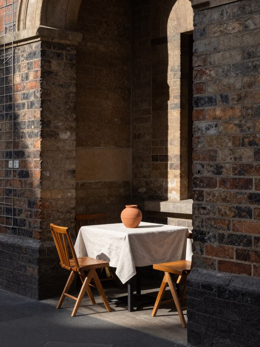 Melbourne Laneway Cafe Scene with Clay Pot and Linen Fringe in Late Morning Light in in Melbourne, Victoria, Australia