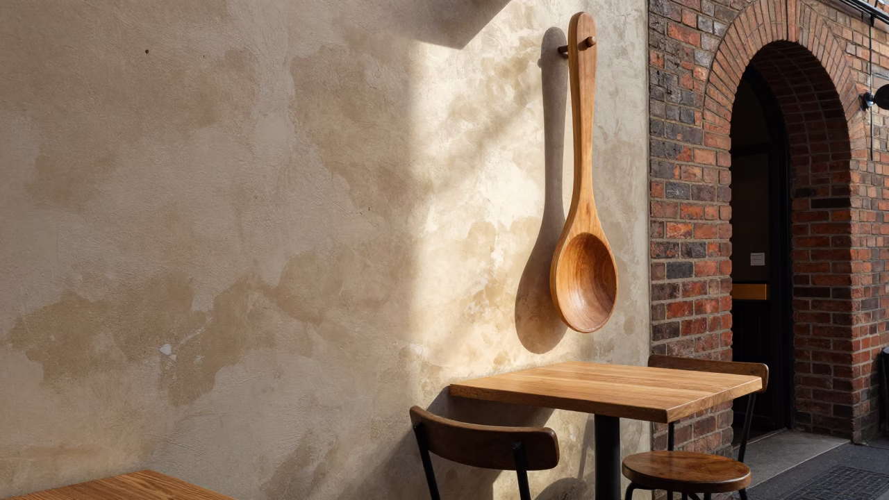 Melbourne laneway cafe scene with olive wood spoon and tea stains on plaster wall in in Melbourne, Victoria, Australia