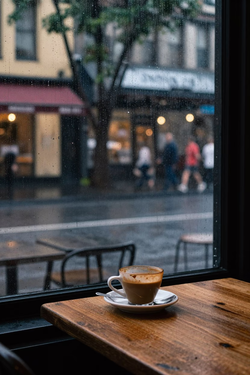 Melbourne laneway cafe table with rain streaks and vintage decor in in Melbourne, Victoria, Australia