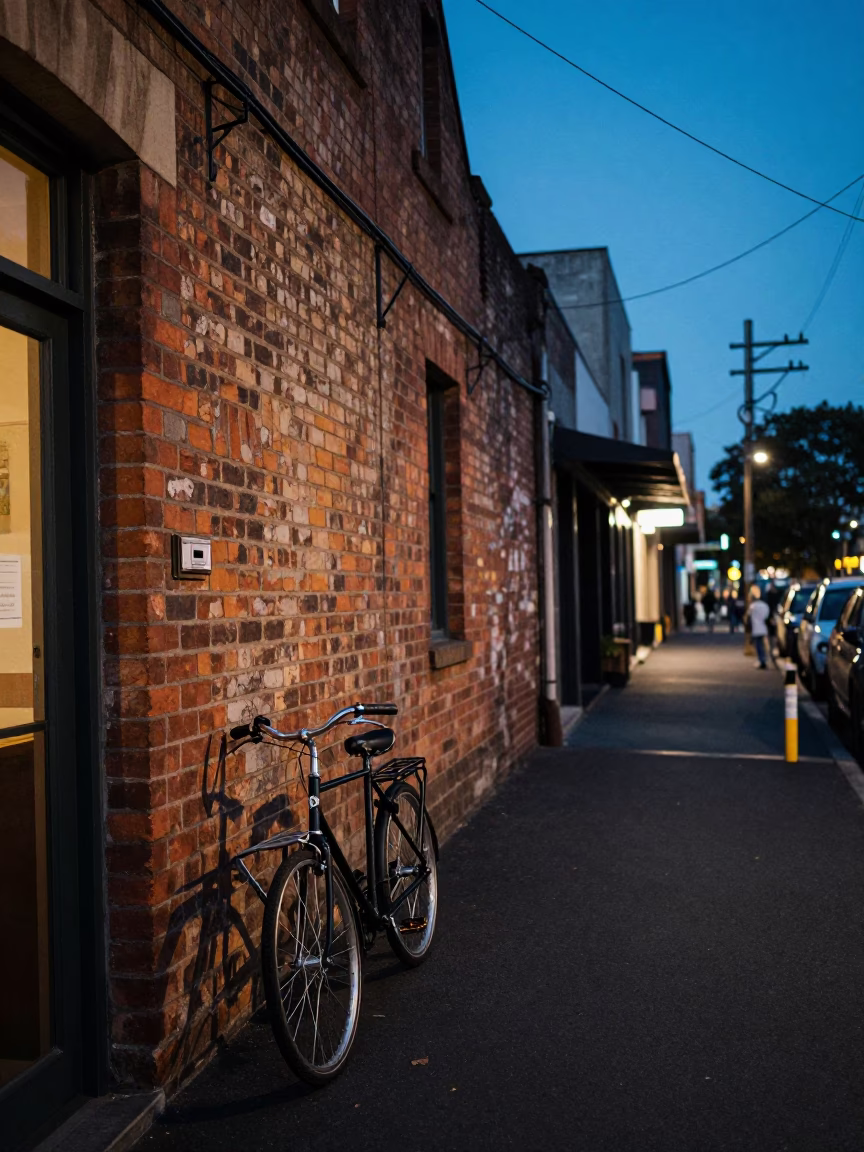 Melbourne Laneway Cafe Twilight Bicycle Coat Rack and Urban Street Life in in Melbourne, Victoria, Australia