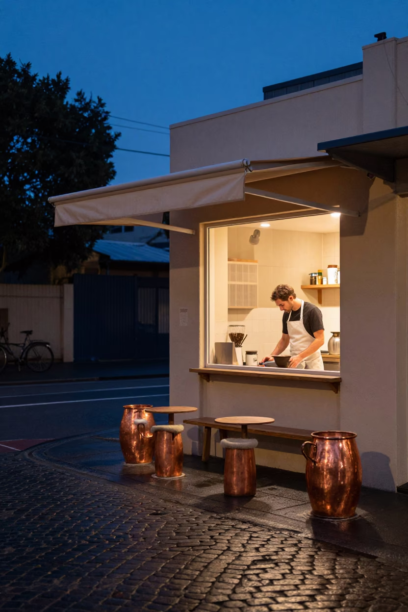 Melbourne Laneway Cafe Twilight with Copper Pots and Wool Scarves in in Melbourne, Victoria, Australia