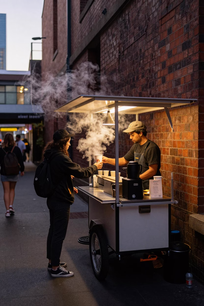 Melbourne laneway coffee cart steam at dawn with student books and breakfast in in Melbourne, Victoria, Australia