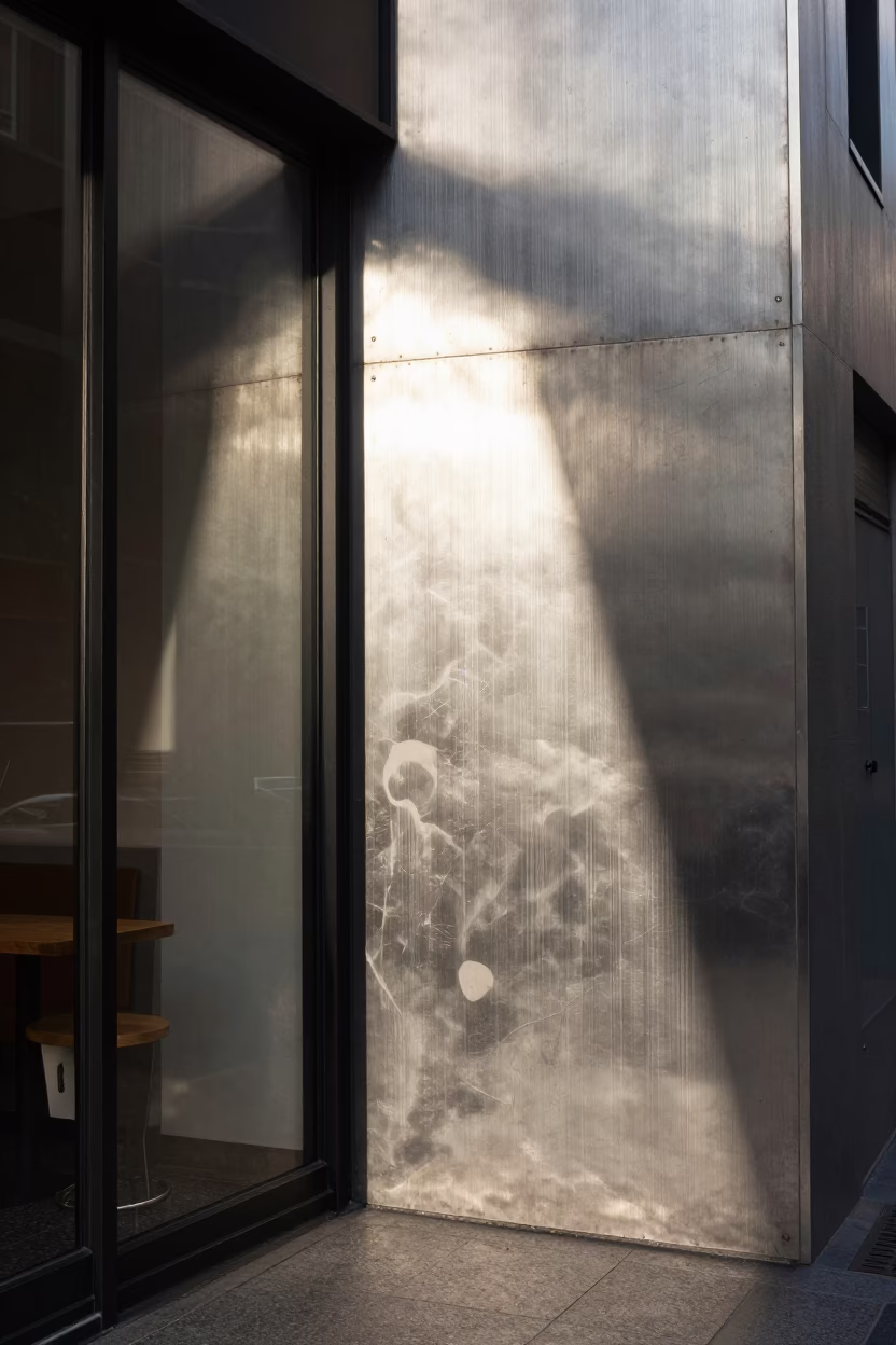 Melbourne laneway coffee culture brushed steel wall and glass carafe early afternoon in in Melbourne, Victoria, Australia