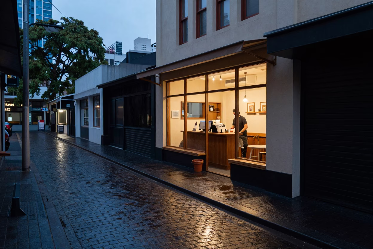 Melbourne Laneway Coffee Shop Dawn Street Scene with Barista and Street Art in in Melbourne, Victoria, Australia