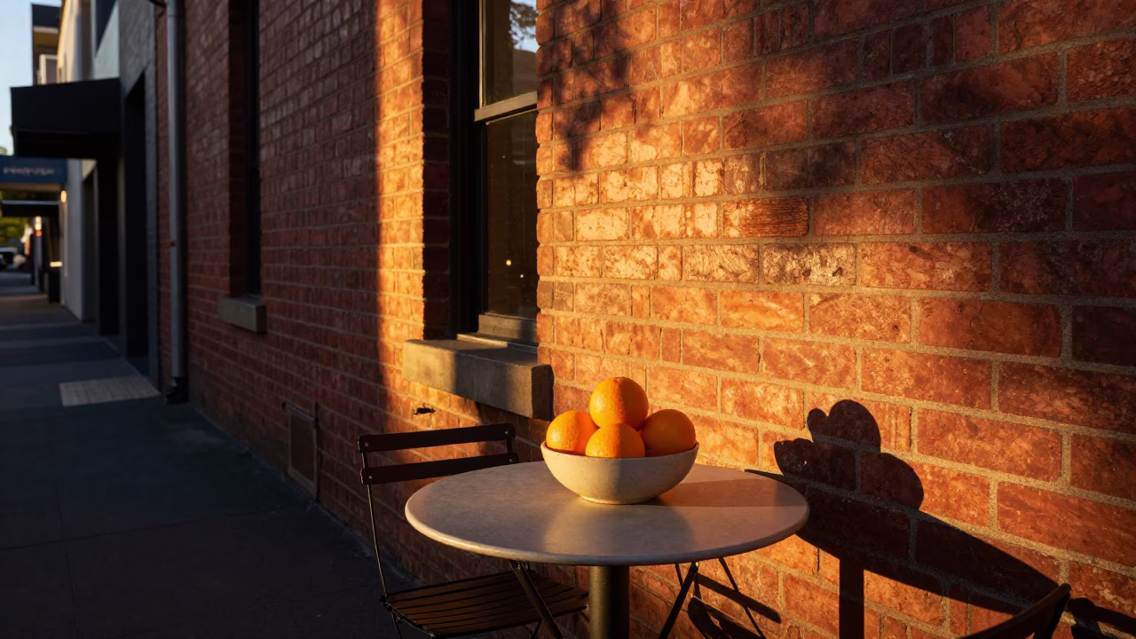 Melbourne Laneway Coffee Shop Evening Light with Fruit Bowl and Local Pedestrians in in Melbourne, Victoria, Australia