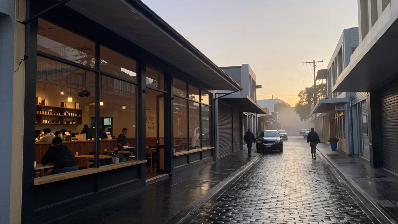Melbourne laneway coffee shop morning light and street life at dawn in in Melbourne, Victoria, Australia
