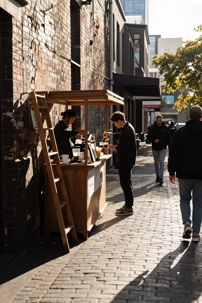 Melbourne laneway coffee stall morning light and street life in in Melbourne, Victoria, Australia