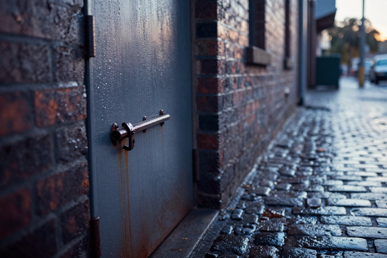 Melbourne Laneway Dawn Condensation on Latch and Wet Cobblestones in in Melbourne, Victoria, Australia