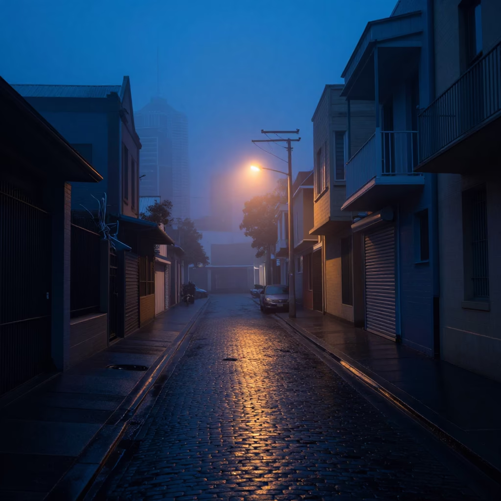 Melbourne laneway dawn mist and wet pavement before sunrise in in Melbourne, Victoria, Australia