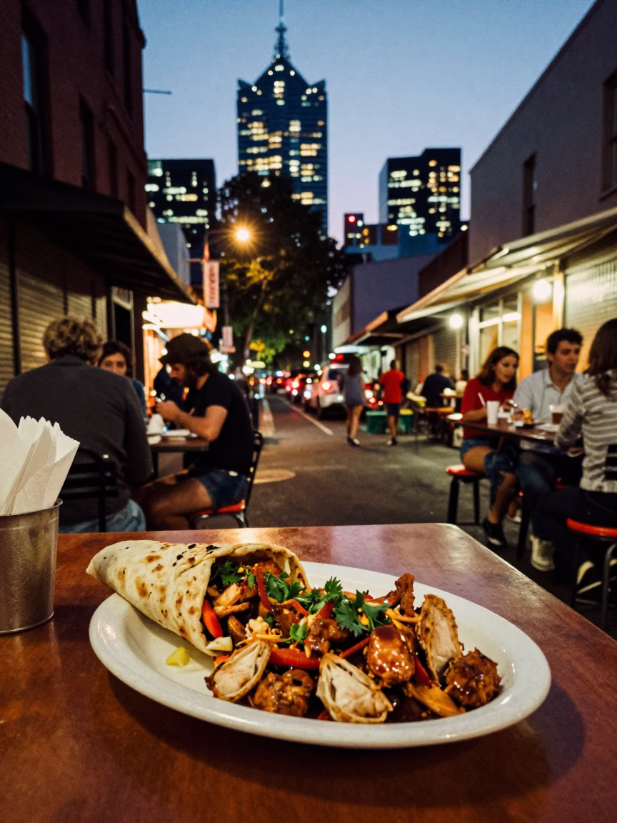 Melbourne laneway dining at dusk with shawarma plate and urban glow in in Melbourne, Victoria, Australia