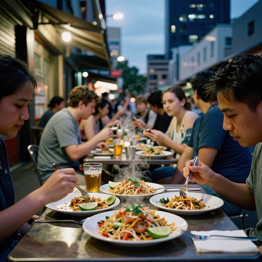 Melbourne laneway dining at twilight with patrons enjoying pad thai and lime wedges in in Melbourne, Victoria, Australia