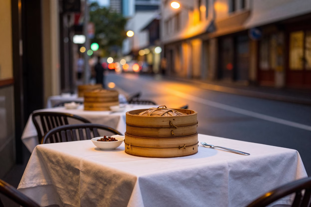 Melbourne laneway dining scene with bamboo steamers and pepper mill at twilight in in Melbourne, Victoria, Australia