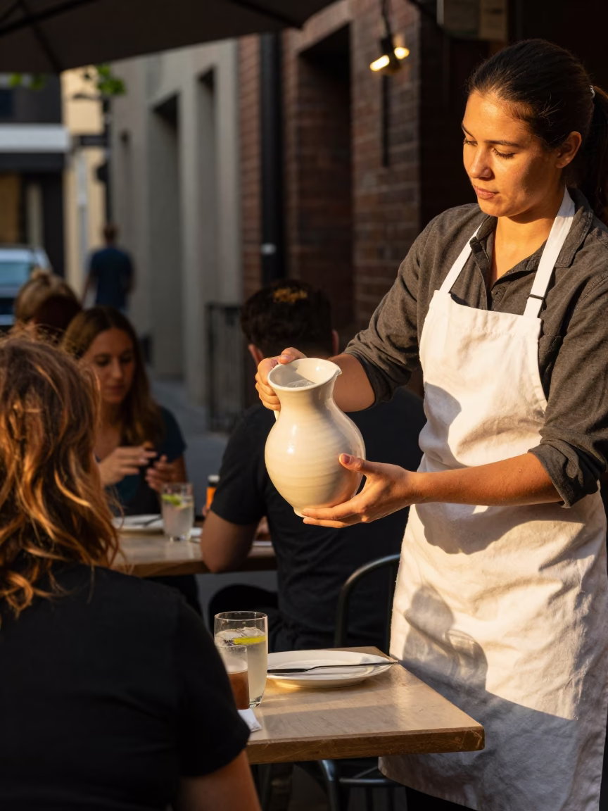 Melbourne laneway dining scene with ceramic pitcher and leaf shadows in evening light in in Melbourne, Victoria, Australia