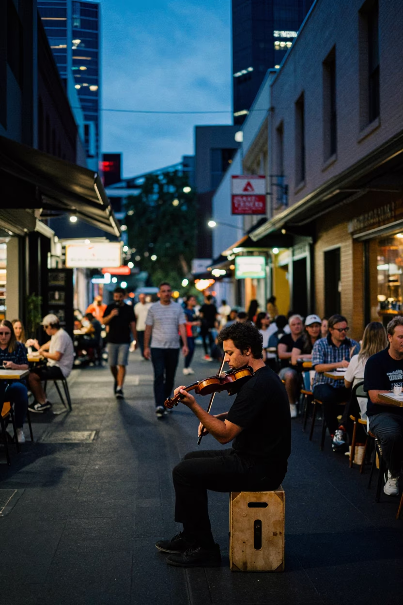 Melbourne laneway dining under indigo twilight with street performers and local architecture in in Melbourne, Victoria, Australia
