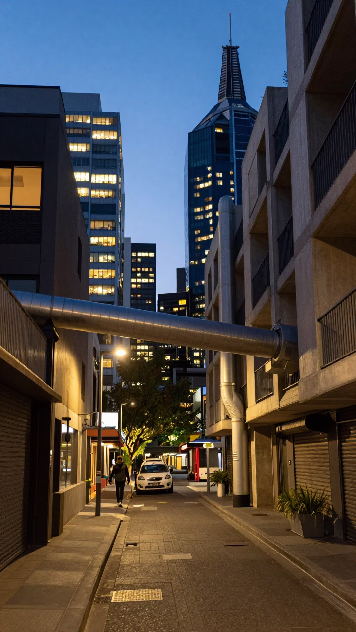 Melbourne Laneway Dusk Concrete Apartment Blocks and District Heating Pipes in in Melbourne, Victoria, Australia