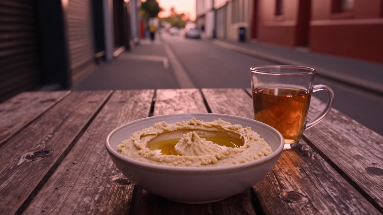 Melbourne Laneway Dusk Scene with Hummus Spread and Tea Infuser Spoon in in Melbourne, Victoria, Australia