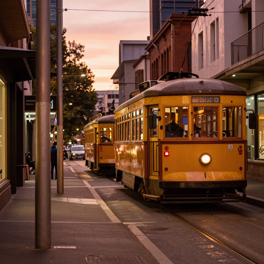 Melbourne laneway dusk scene with vintage tram and bohemian street vendors in in Melbourne, Victoria, Australia