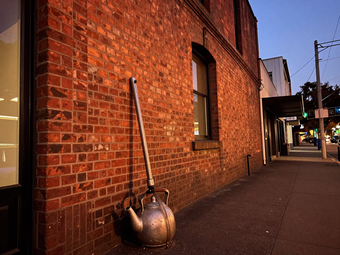 Melbourne laneway dusk with teapot and boot scraper near brick architecture in in Melbourne, Victoria, Australia