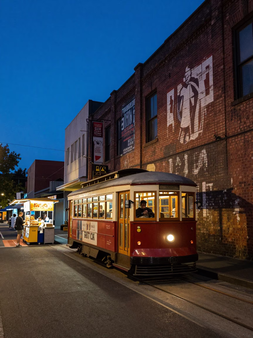 Melbourne laneway dusk with vintage tram and street food vendor selling empanadas in in Melbourne, Victoria, Australia