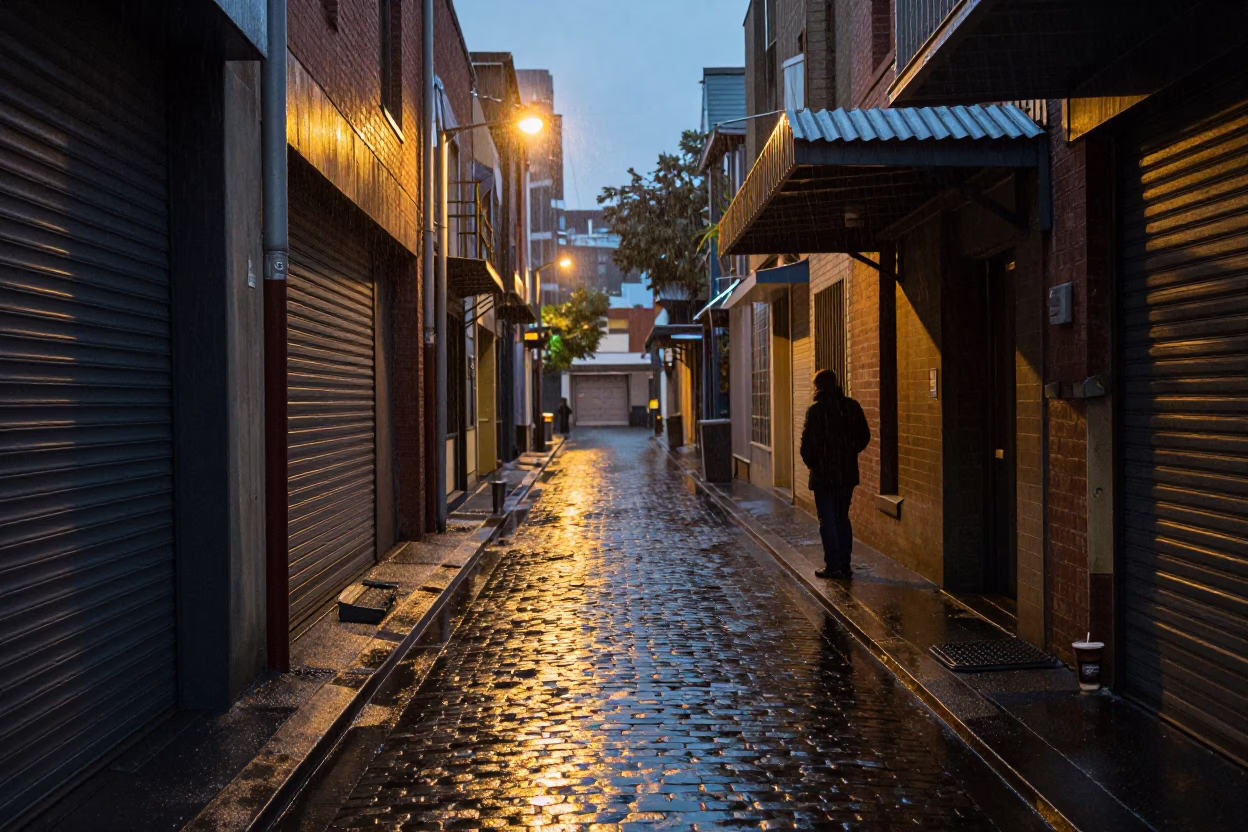 Melbourne laneway dusk with wet pavement and espresso cup in in Melbourne, Victoria, Australia